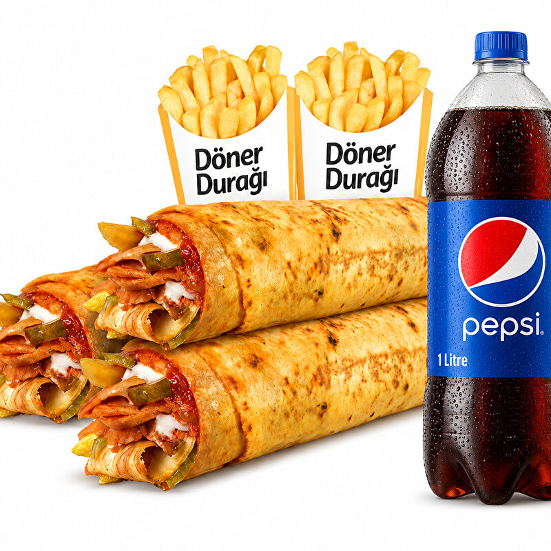 3 Adet Tavuk Döner Dürüm + Patates + 1 lt Pepsi Kola
