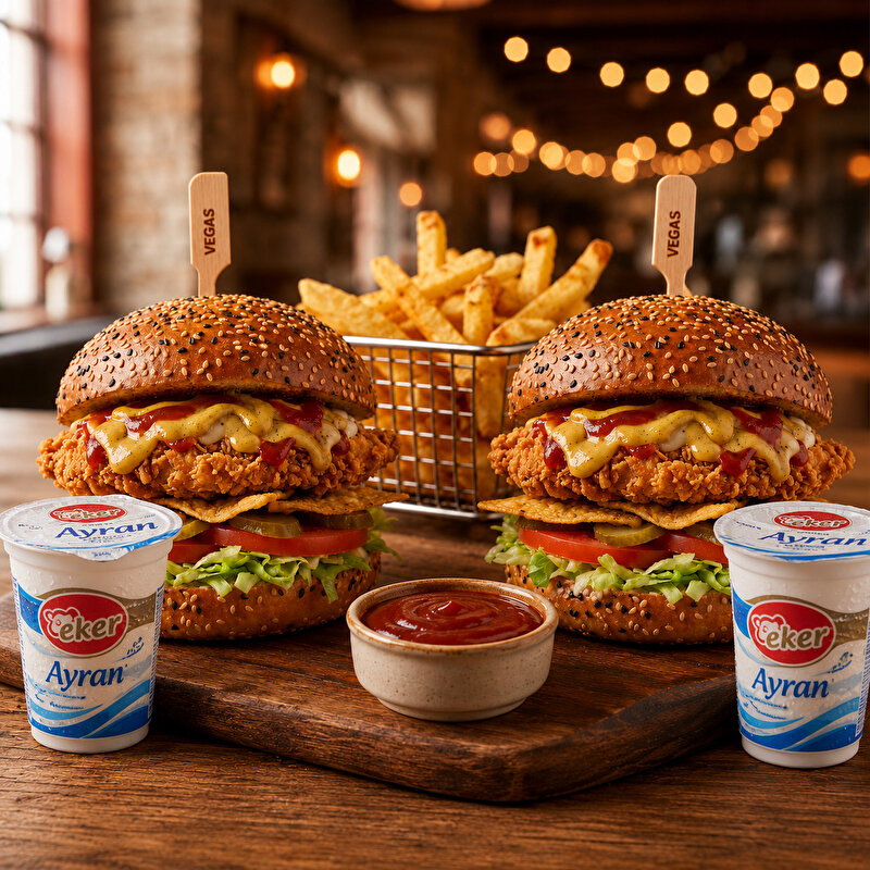 2 Adet Chicken Burger + 2 Adet Patates + 2 Adet Eker Ayran