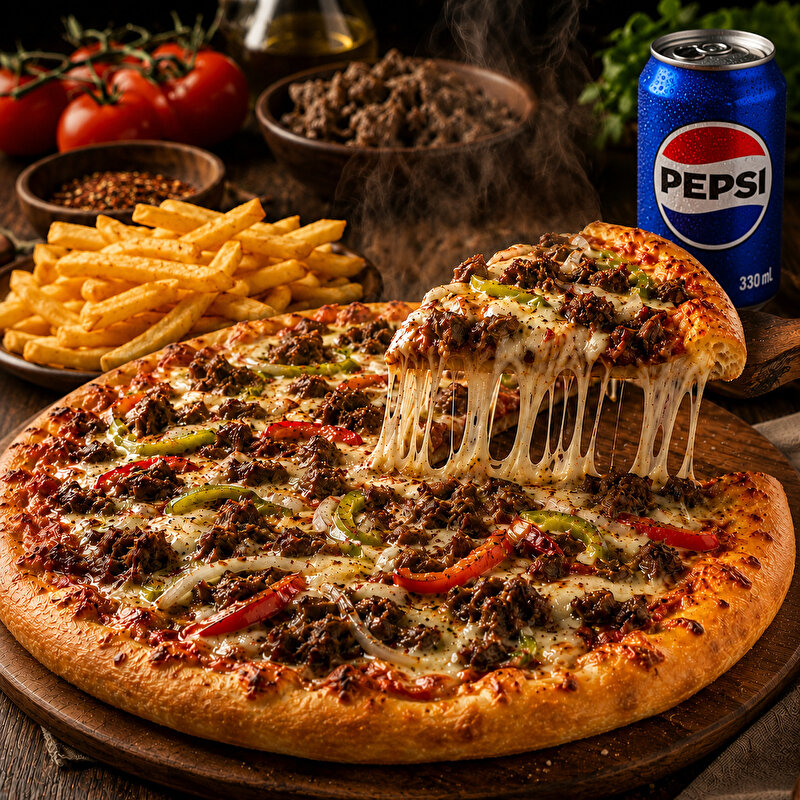Orta Boy Kavurmalı Pizza + Patates + İçecek