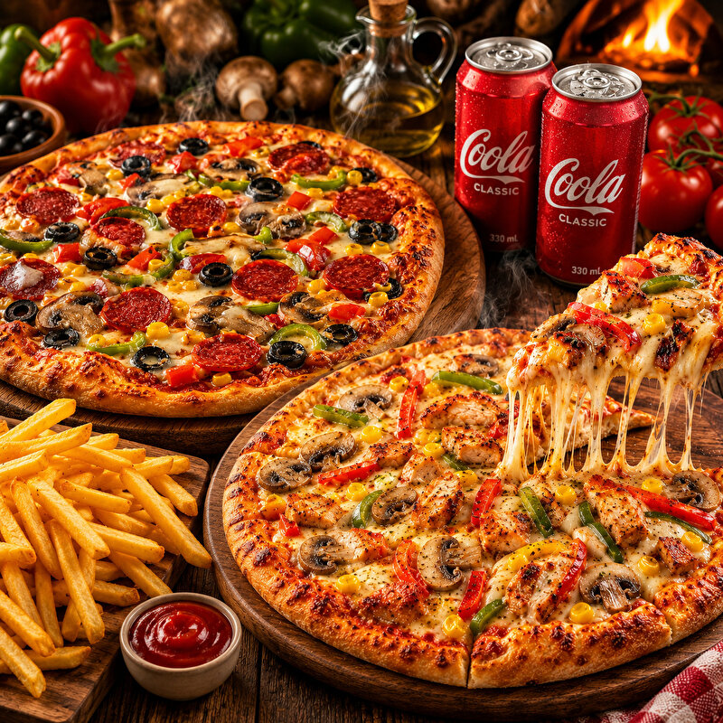 2'li Orta Boy Pizza + 2'li Patates + 2 Adet İçecek Menü