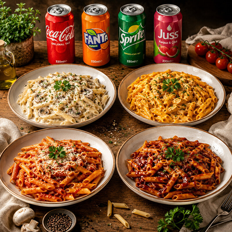 4lu Aile Boyu Penne + 4 Adet Sarımsaklı Ekmek + 4 Adet İçecek Menü