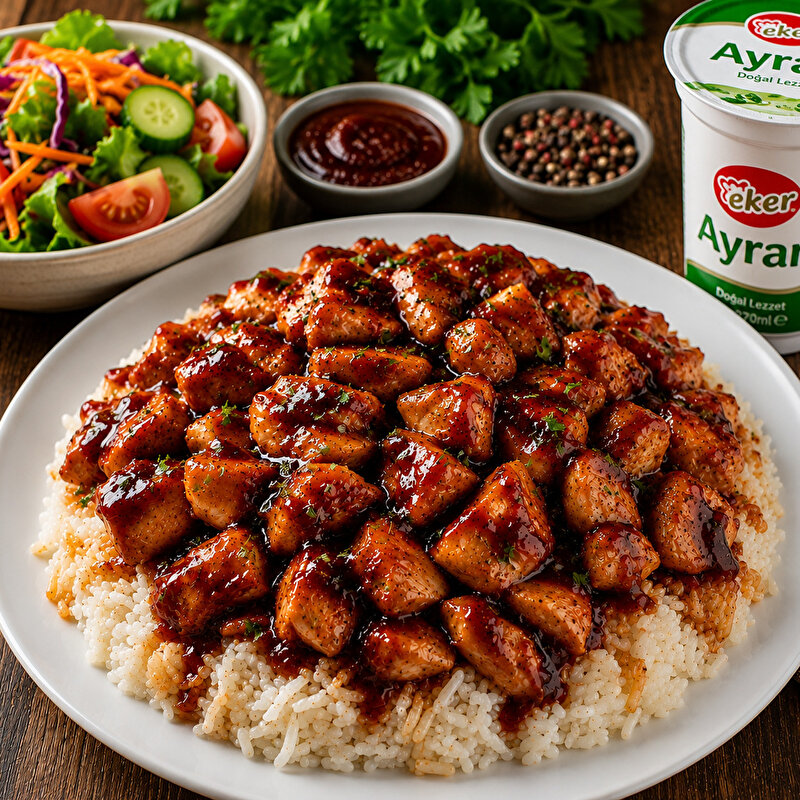 Pilav Üstü Barbekü Soslu Tavuk + Mevsim Yeşillikleri + 270ml Ayran Menü
