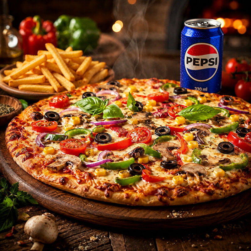 Orta Boy Vejeteryan Pizza + Patates + 330ml Pepsi Kola