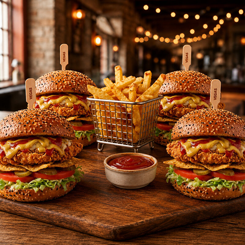 4 Adet Chicken Burger + 4 Adet Patates + 1 Litre İçecek