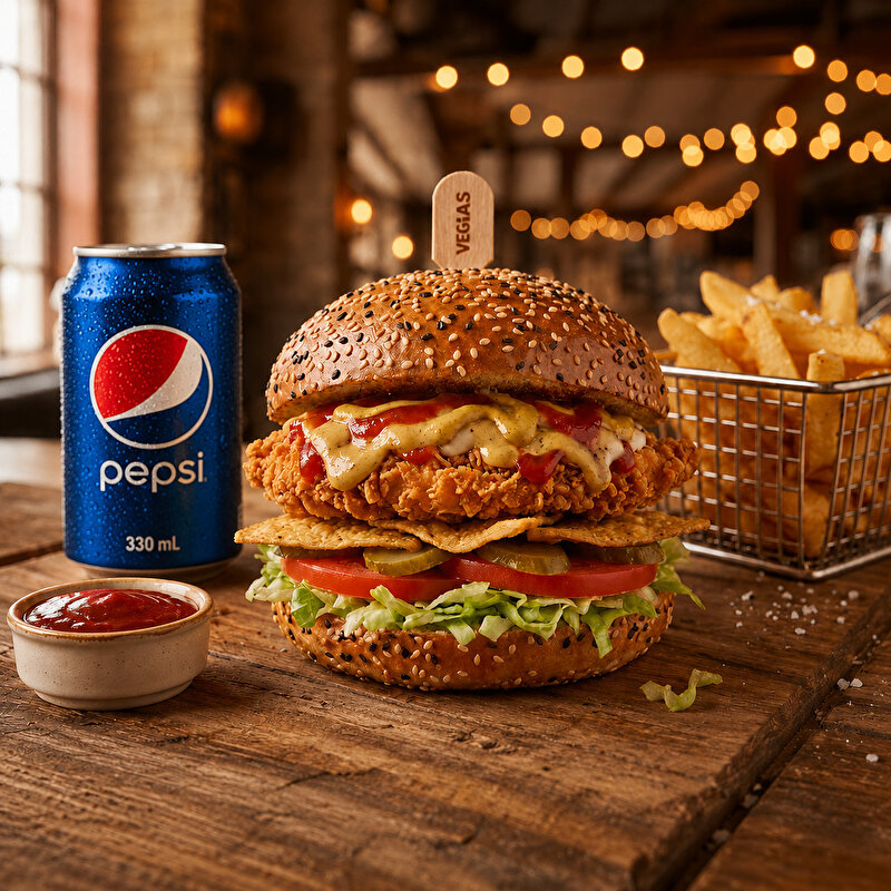 Chicken Burger + Patates + Pepsi Kola(330 ml) Menü