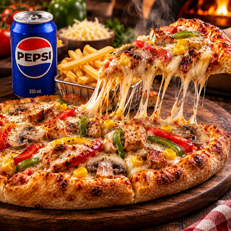 Orta Boy Tavuklu Pizza + Patates + İçecek