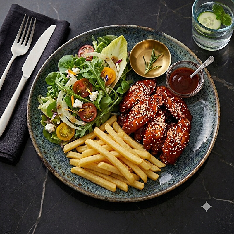 Barbekü Soslu Tavuk Kanat + Patates + Akdeniz Yeşilliği