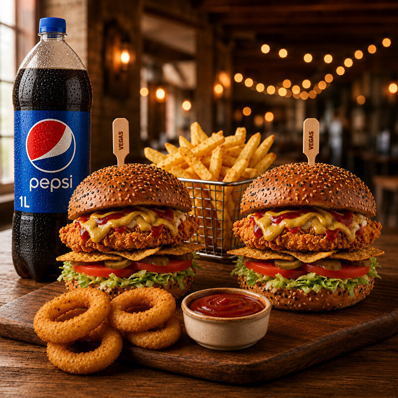 2 Adet Chicken Burger + 2 Adet Patates + 4 Adet Soğan Halkası + 1 lt Pepsi