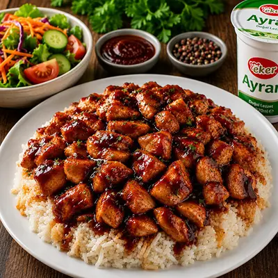 Pilav Üstü Barbekü Soslu Tavuk + Mevsim Yeşillikleri + 270ml Ayran Menü