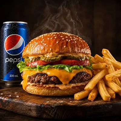 Cheese Burger + Patates + 330ml Pepsi Kola