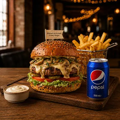 Mantarlı Burger + Patates + Pepsi Kola (330 ml) Menü