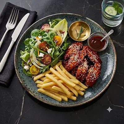 Barbekü Soslu Tavuk Kanat + Patates + Akdeniz Yeşilliği