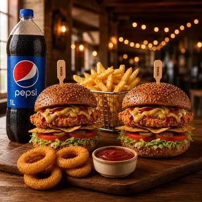 2 Adet Chicken Burger + 2 Adet Patates + 4 Adet Soğan Halkası + 1 lt Pepsi